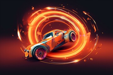 Artistic representation of a dynamic car race with a fiery spinning wheel. Suitable for website landing pages, social media, and posts. Generative AI