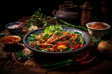 A close-up shot of a traditional Sarasson dish, beautifully arranged on a rustic wooden table, with fresh herbs and spices scattered around, under soft, warm lighting