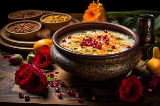 An authentic Persian delicacy, Kashk, beautifully presented in a traditional Persian bowl, evoking the rich culinary heritage of Iran
