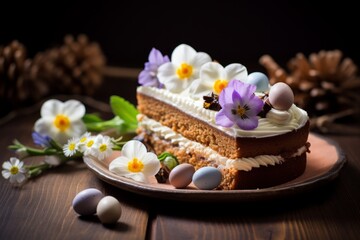 Obraz na płótnie Canvas A traditional Easter dessert, Pinca, beautifully presented on a rustic wooden table, adorned with fresh spring flowers and colorful Easter eggs