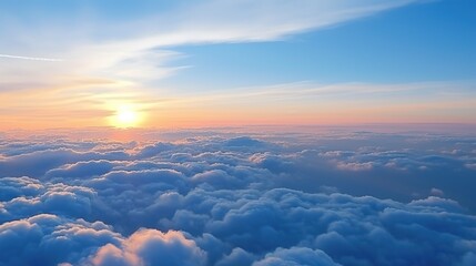 view above the clouds. yellow and blue sky above clouds sunrise. Sunset sky background with realistic small clouds.. Generative AI