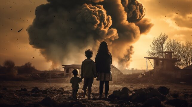 War effect. A mother with her two children watched the ruins ruins of buildings caused by war. Generative AI illustratioan