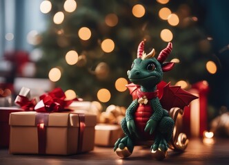 Fototapeta premium A hyper realistic cute cartoon dragon creature dressed for Christmas.Happy New Year 2024