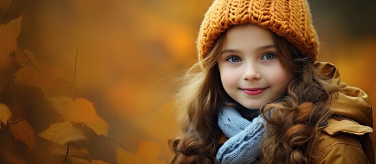 Gorgeous image of child in fall woods - obrazy, fototapety, plakaty