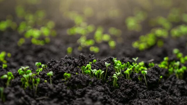 Fresh Green Plants Growth In Time Lapse, Sprouts Germination From Seeds In Soil, Beautiful Agriculture At Springtime 
