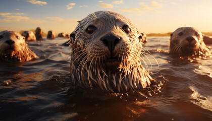 Fototapeta premium Cute seal playing in the water, looking at camera generated by AI