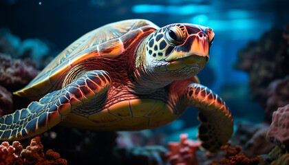 Fototapeta premium A multi colored sea turtle swimming in the blue underwater generated by AI
