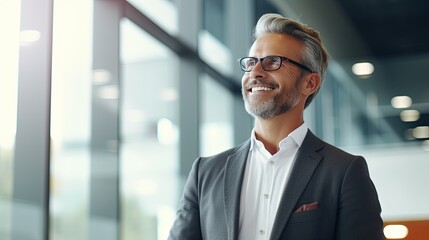 Fototapeta premium Happy middle-aged CEO in a suit stands in the office. The smiling and mature businessman, a professional executive manager