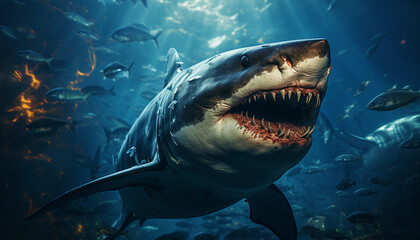 Fototapeta premium Spooky underwater dragon, fierce teeth, majestic in nature depths generated by AI