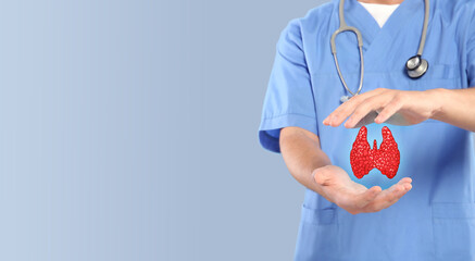 Endocrinologist holding virtual thyroid gland on light grey background, closeup. Banner design with space for text