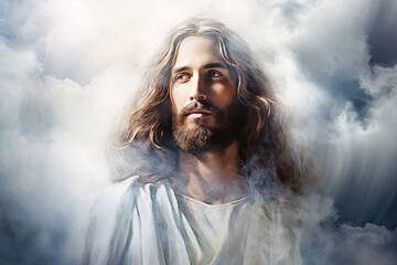 portrait of Jesus, savior of mankind, heaven clouds background - obrazy, fototapety, plakaty