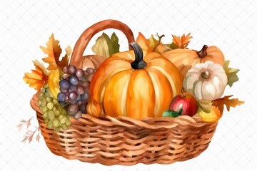 Decorated thanksgiving basket with watercolor clipart of fruits, pumpkins, and autumn leaves on a transparent background. Generative AI