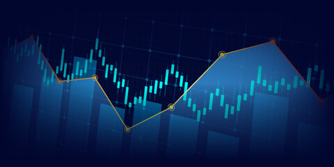 Widescreen Abstract financial graph with uptrend line and bar chart of stock market on blue color background