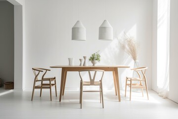 Minimal dining area with white dining table and wooden armchairs. Generative AI