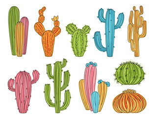 Cactus hand drawn exotic grungy set. Trendy cartoon textured succulent plants collection isolated. Scrapbook botanical dirty paint desert cacti. Vintage linear graphic vector illustration