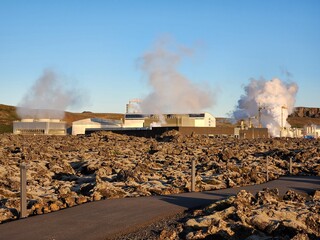 Grindavik, Iceland - September 11, 2023 - Svartsengi Geothermal Power Plant behind Blue Lagoon on...