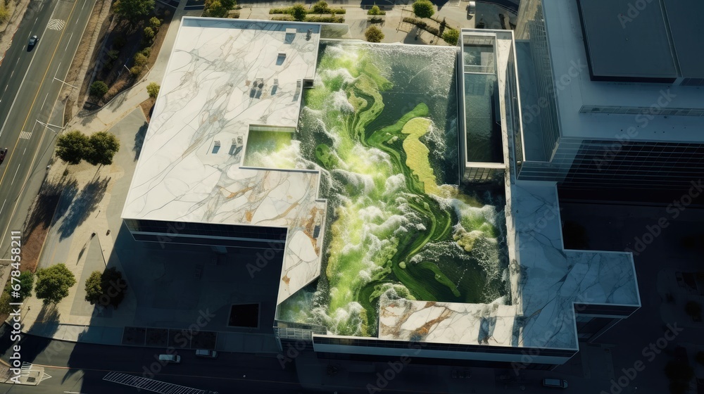Poster aerial view of a building with greenspace on the roof generative ai