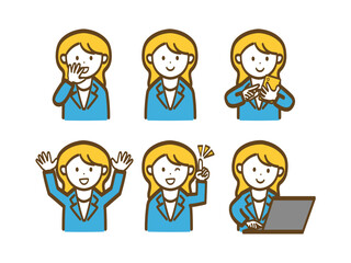 シンプルな女性会社員のポーズ別イラストセット_ブルースーツ3