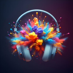 Festive Uplifting Vibrant Colorful Splash Dust and Smoke Explosion between the Ear Muffs on Stereo Headphones. Ready for Party Concept with Loud Music Sound Listening, Pulse, Bass, Twitter, and beats - obrazy, fototapety, plakaty