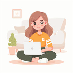 Cute girl working and studying using laptop cartoon flat character. Vector illustration