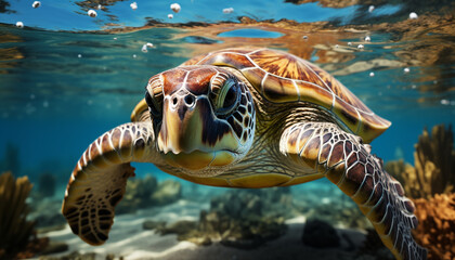 Fototapeta premium Underwater turtle swimming in blue sea with colorful coral reef generated by AI