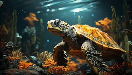 Fototapeta na wymiar A cute turtle swimming in the blue underwater sea generated by AI