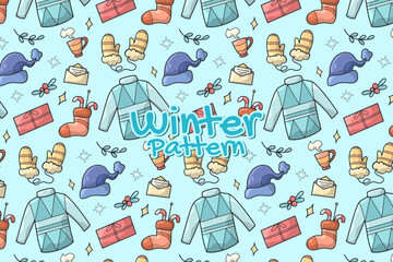 Winter essentials and clothes collection seamless pattern