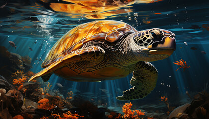 A beautiful sea turtle swimming in the colorful underwater reef generated by AI
