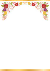 白背景の上方に菊や梅を曲線に置いた和風素材-縦型