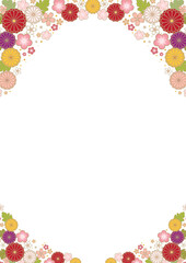 白背景の上下に菊や梅を曲線に派手目に配した和風素材-縦型