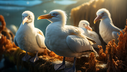 Obraz premium Seagull flying over blue water, nature beauty in large bird generated by AI