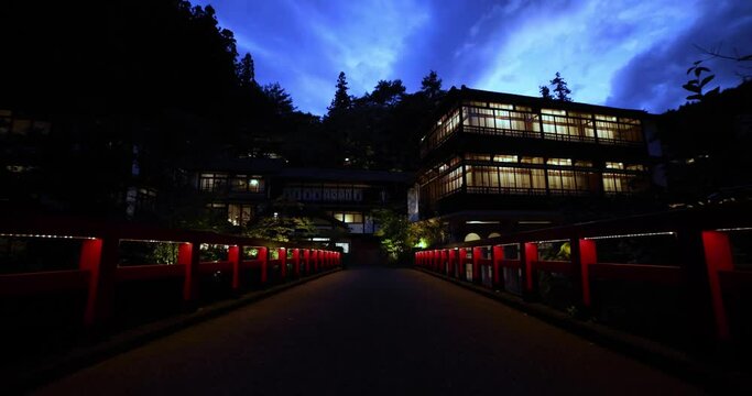 An old fashioned architecture in Nakanojo Gunma at dusk wide shot tilt down