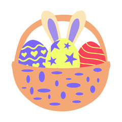 Easter egg baskets for holiday. Baskets with colored egg, grass , and rabbit. Vector illustration.