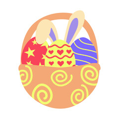 Easter egg baskets for holiday. Baskets with colored egg, grass , and rabbit. Vector illustration.