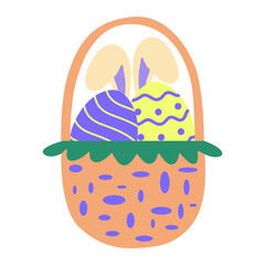 Easter egg baskets for holiday. Baskets with colored egg, grass , and rabbit. Vector illustration.