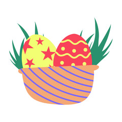Easter egg baskets for holiday. Baskets with colored egg, grass , and rabbit. Vector illustration.