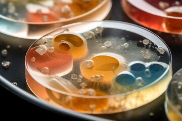 Macro view of petri dish with abstract microorganisms. Generative AI