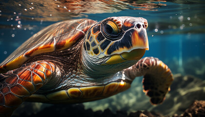 Fototapeta premium A beautiful sea turtle swimming in the blue underwater generated by AI