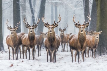 Group of deer in snowy weather. Generative AI