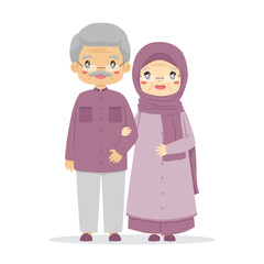 Happy Muslim grandparents in purple clothes, grandmother holding onto grandfather's arm. Muslim family portrait, cartoon characters vector.