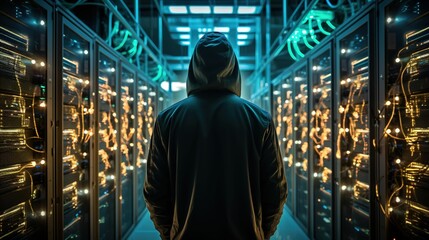 Fototapeta na wymiar Cybersecurity Breach: Hacker Silhouette Among Illuminated Servers