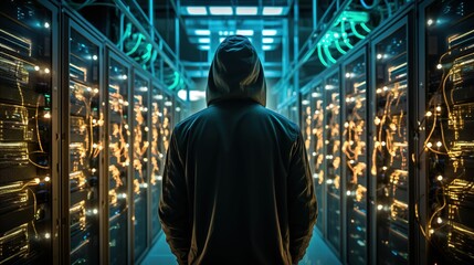 Fototapeta premium Cybersecurity Breach: Hacker Silhouette Among Illuminated Servers