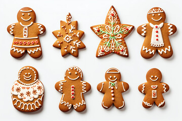 Collection of Christmas gingerbread cookies isolated on a white background