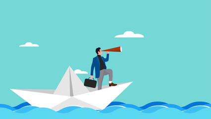Illustration of a businessman sailing on a paper boat while scouting for business opportunities using a telescope, business opportunities