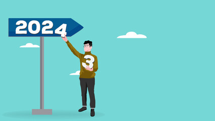 Illustration of someone putting the number 4 to 2024 to celebrate the new year, happy new year 2024 flat design