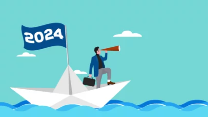 Fotobehang Illustration of a businessman sailing on a paper boat with 2024 waving flag while scouting for business opportunities using a telescope, business opportunities, happy new year 2024 © Vanz Studio