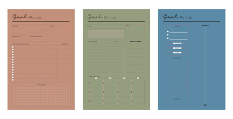 Set of goal planner. (Cool) Minimalist planner template set. Vector illustration.	