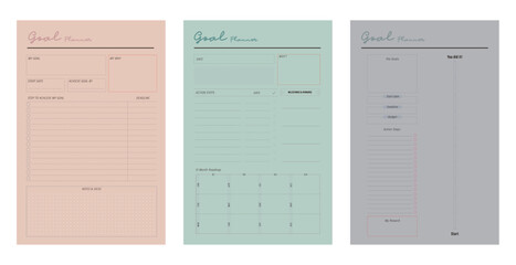 Set of goal planner. (Pastel) Minimalist planner template set. Vector illustration.	