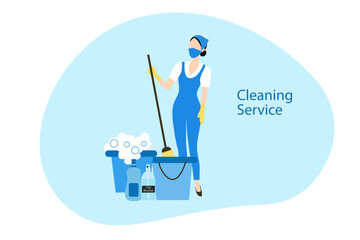 Cleaning service woman holding mop and supplies bucket cleaning floor. Hygiene cleaning vector illustration