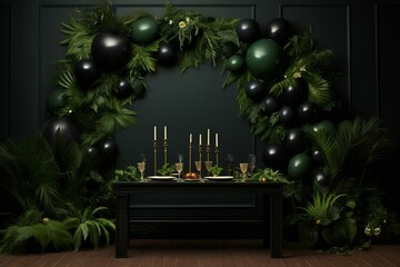 Inviting summer party with lush black and green plant leaves. Generative AI